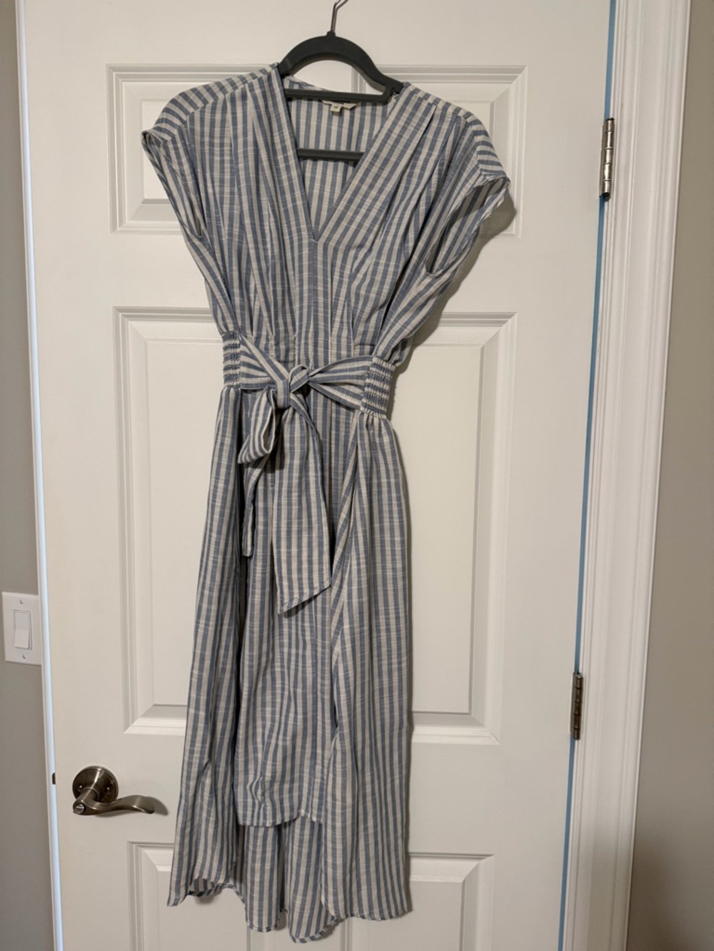 Max Studio Blue and White Striped Wrap Midi Dress